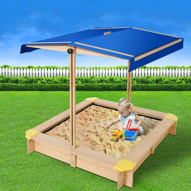 Keezi Kids Sandpit Wooden Sandbox with Canopy, 101cm, Bench Seat and Toys